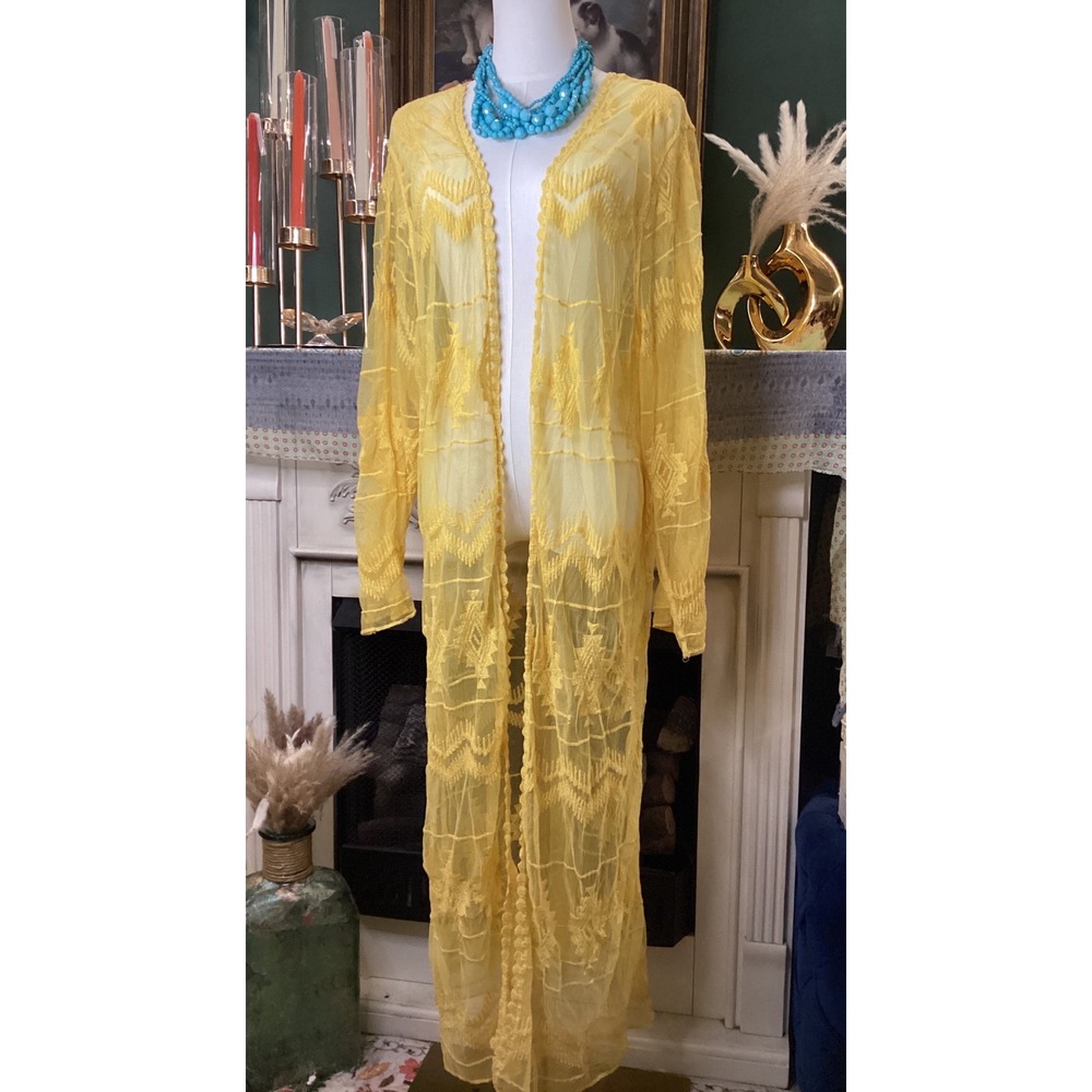 L&B Lucky & Blessed Yellow Embroidered Lace Mesh Duster Cardigan DKD200802 Large